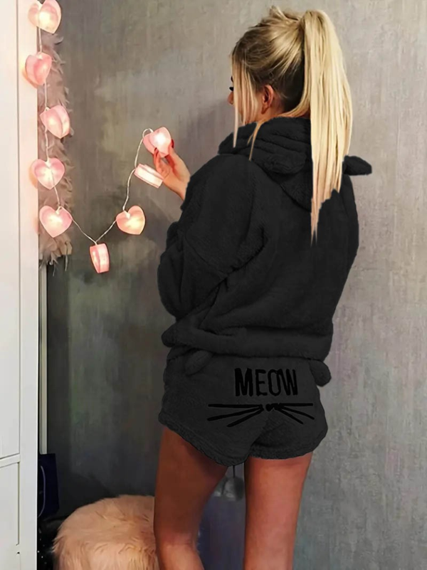 Kadın Uzun Kollu Meow Kedi Nakışlı Kapşonlu Peluş Sweat Ve Short Ikili Takım - Image 1