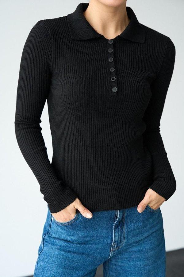 Polo Yaka 6 Düğmeli Kazak - Siyah - Image 1