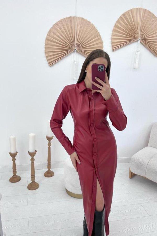 Kırmızı Boydan Düğmeli Deri Elbise - Image 1