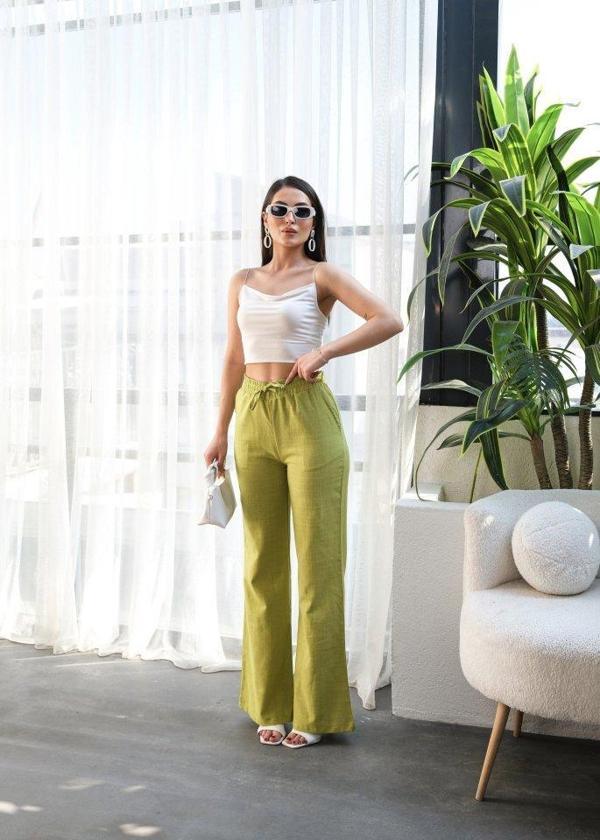 Beli̇ Lasti̇kli̇ Ve Bağcikli Keten Pantolon - Image 1