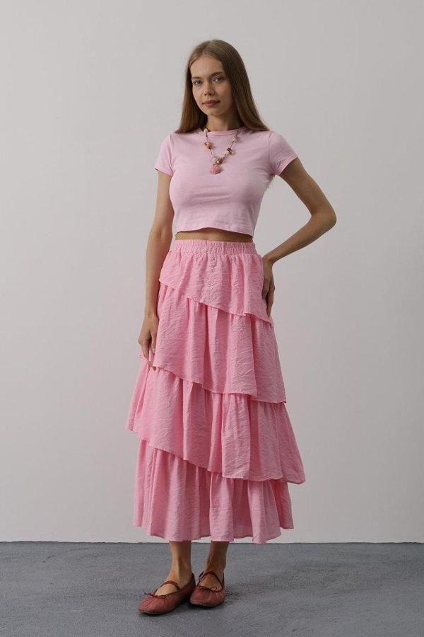 Katlı Kesim Uzun Etek - Pembe - Image 1