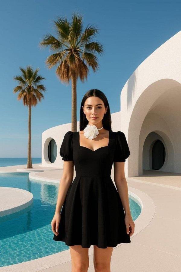 Kadın Dalgıç Kumaş Kalp Yaka Elbise - Image 1