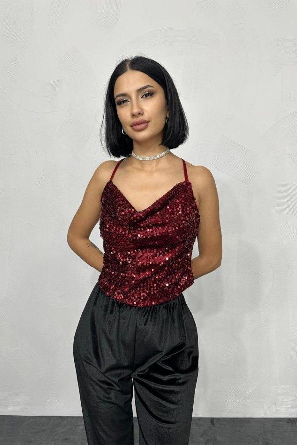 Bordo Askılı Degaje Bluz - Image 1