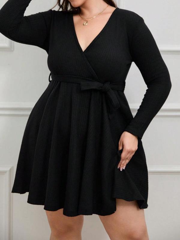 Kadın Uzun Kollu Kruvaze Yaka Kuşak Detay Salaş şardonlu Kaşkorse Mini Elbise - Image 1