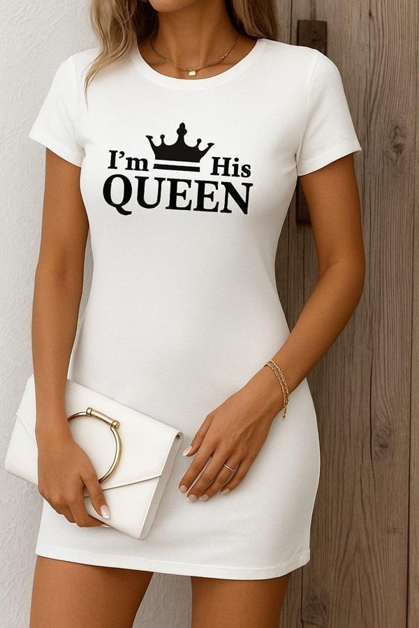 Kadın Kısa Kollu Queen Baskı Iki Iplik Mini Elbise - Image 1