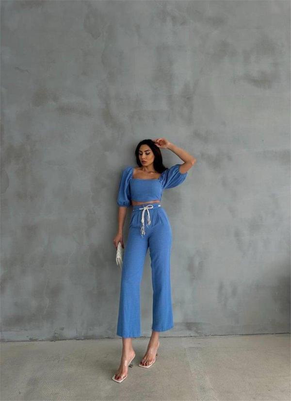 KETEN CROP KARPUZ KOL BLUZ-PANTOLON HASIR KEMERLİ - Mavi - Image 1