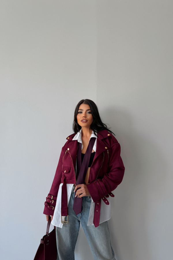 SÜET CROP CEKET KOL 3 KEMER DETAYLI - Bordo - Image 1