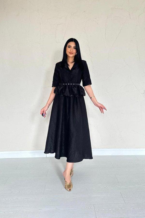 Siyah İnce Kemerli Fırfırlı Ceket Ve Büzgülü Etek Takım - Image 1