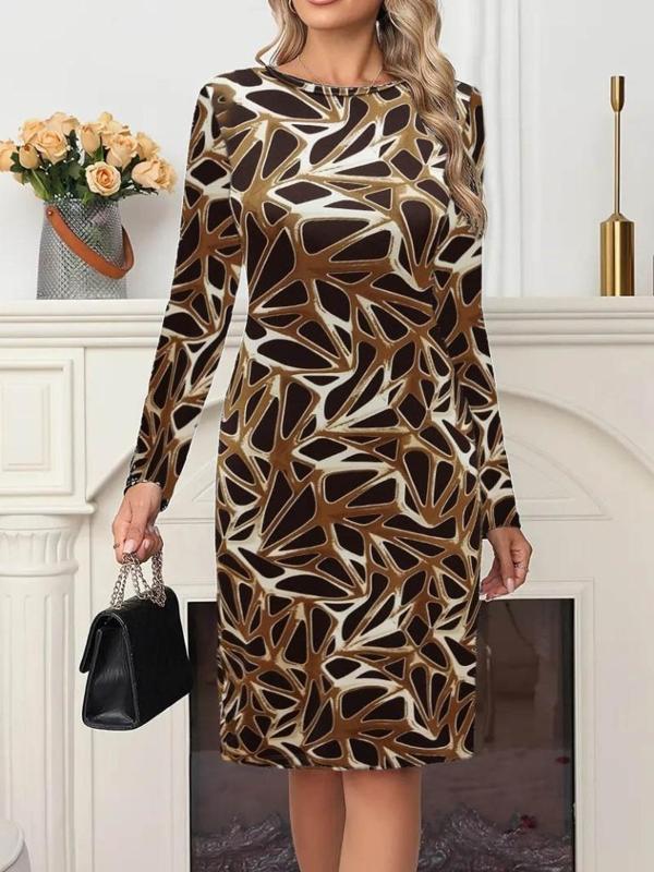 Kadın Uzun Kollu Bisiklet Yaka Desenli Dalgıç Kısa Elbise - Image 1