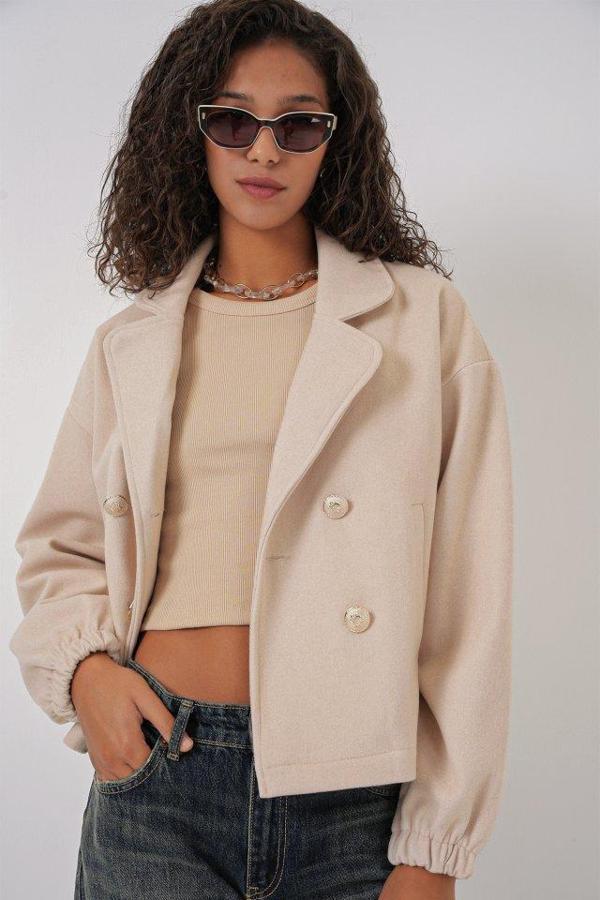 9117 Kruvaze Yaka Crop Ceket - Bej - Image 1