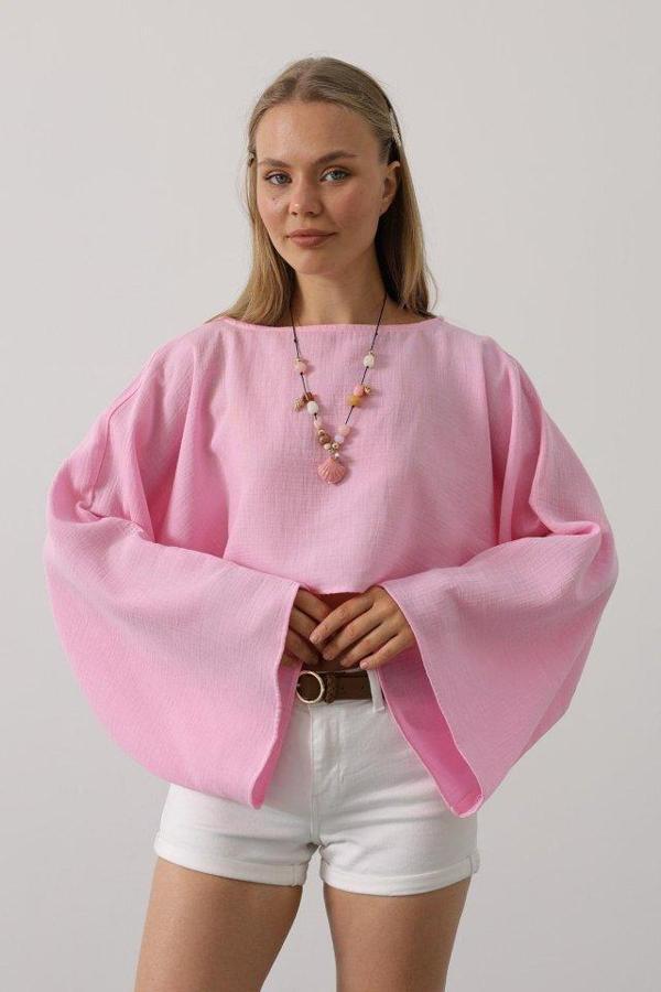 YARASA KOLLU CROP BLUZ - Pembe - Image 1