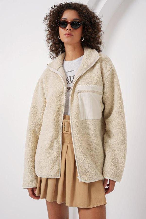 55446 Fermuarlı Oversize Peluş Ceket Mont - Krem - Image 1