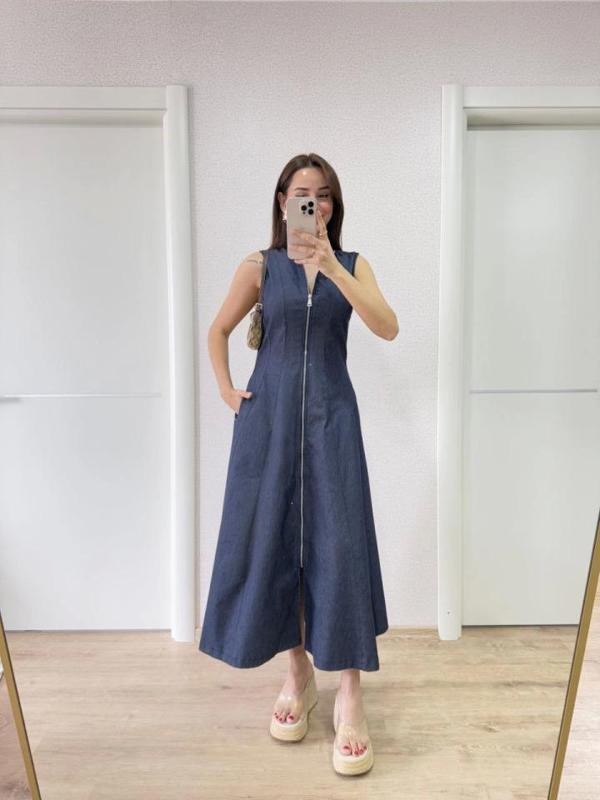 Jeans Kot Önü Tam Fermuarlı Uzun Elbise - Mavi - Image 1
