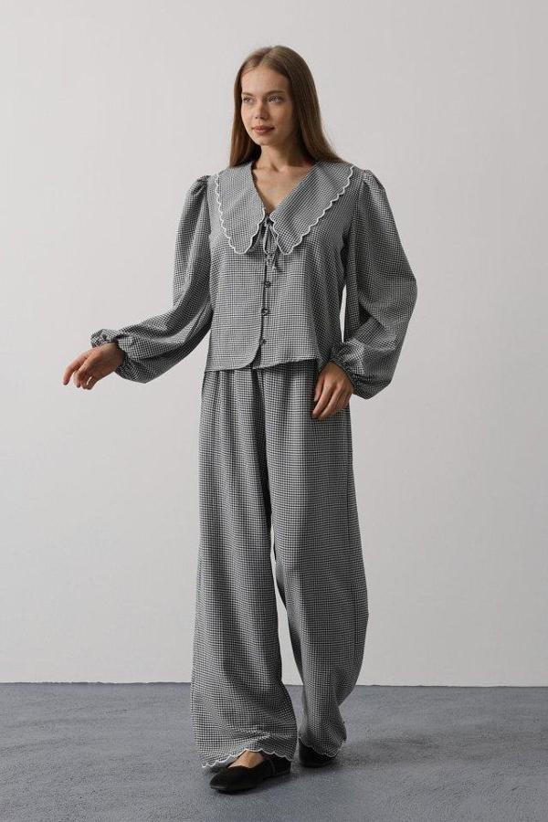 İşlemeli Bebe Yakalı Pantolon Takım - Siyah - Image 1