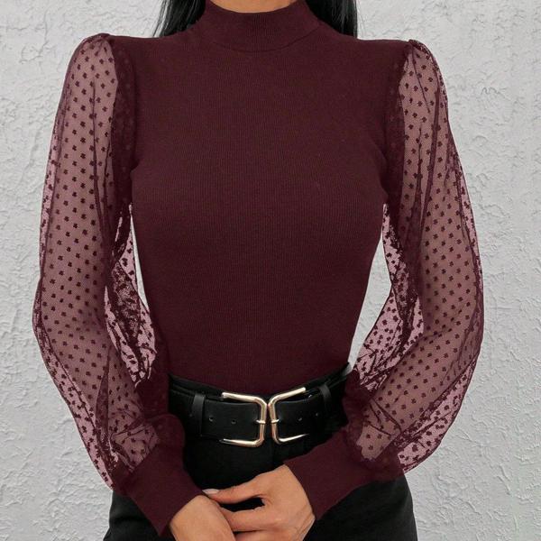 Kadın Uzun Kollu Tül Detaylı Yarım Balıkçı Yaka Kaşkorse Bluz - Image 1