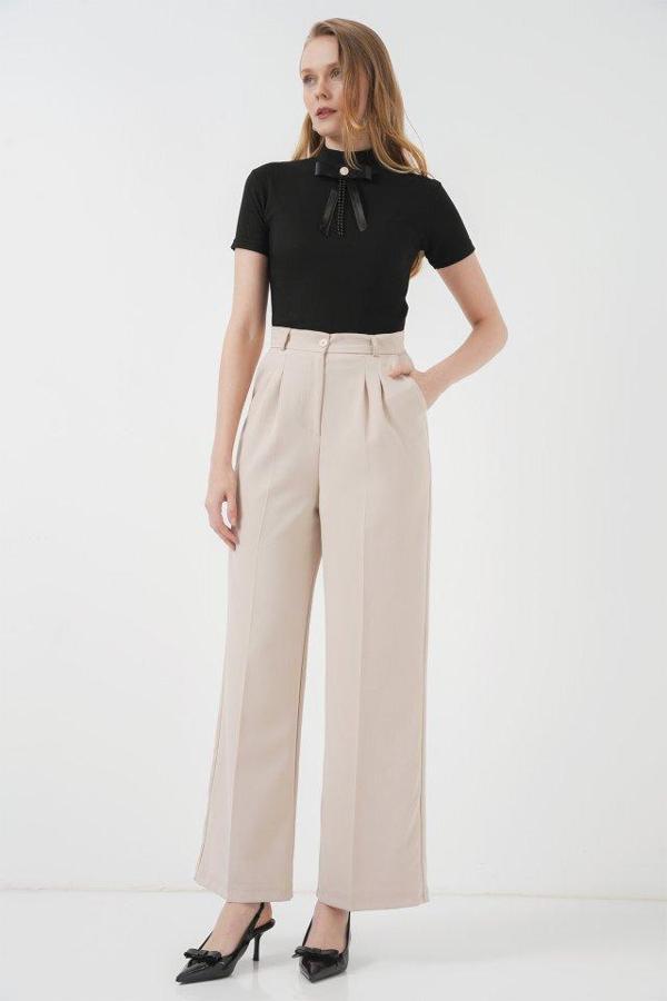 6647 Bol Paça Kumaş Pantolon - Krem - Image 1