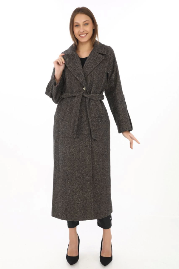 Kolu Apoletli Astarlı Kaşmir Kaşe Kaban - Füme - Image 1