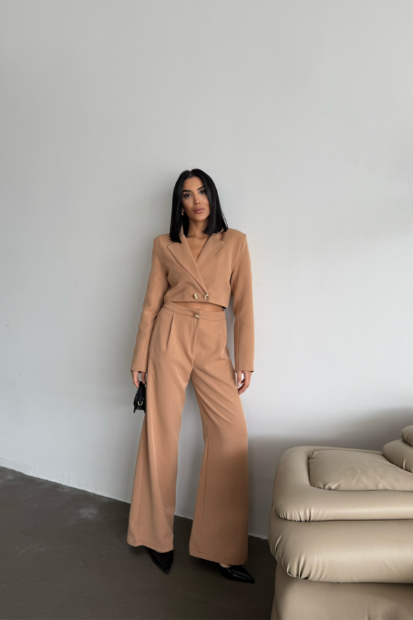 CROP CEKET - PANTOLON TAKIM GOLD DÜĞME DETAYLI - Kahverengi - Image 1