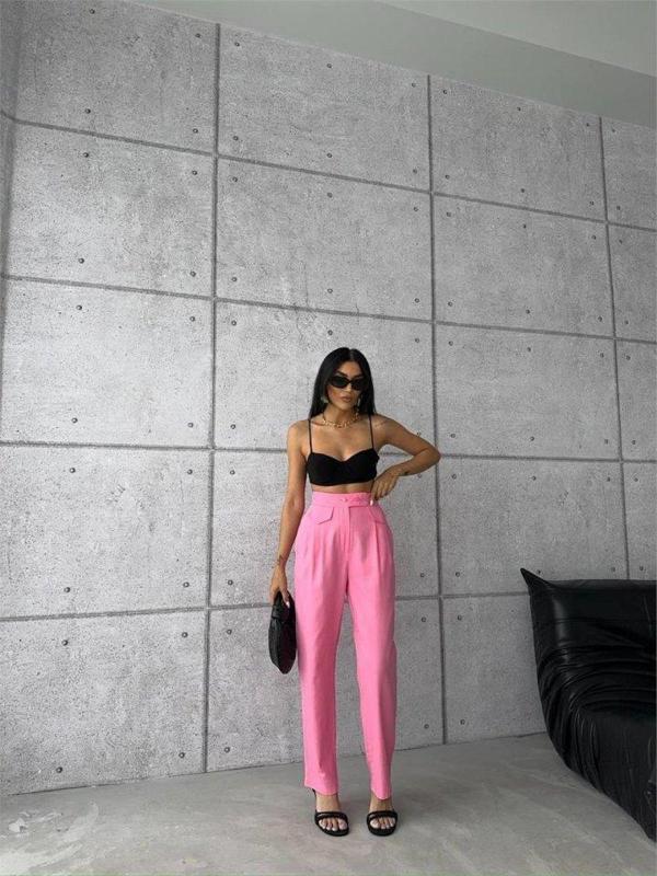 PANTOLON KAPALI CEP 3 DÜĞME DETAYLI - Pembe - Image 1