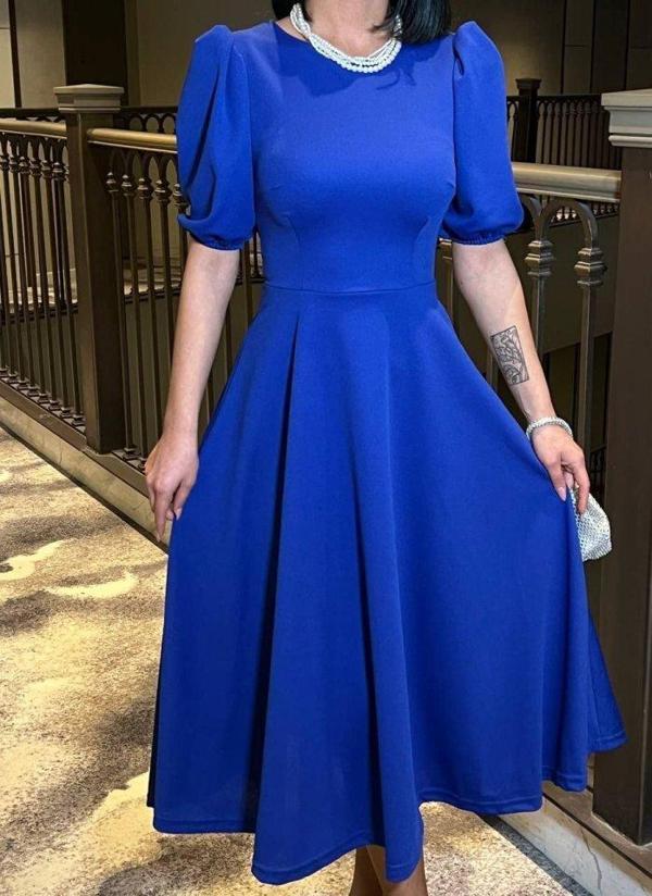 Kadın Bisiklet Yaka Kısa Kol Lastik Detay Uzun Elbise - Image 1