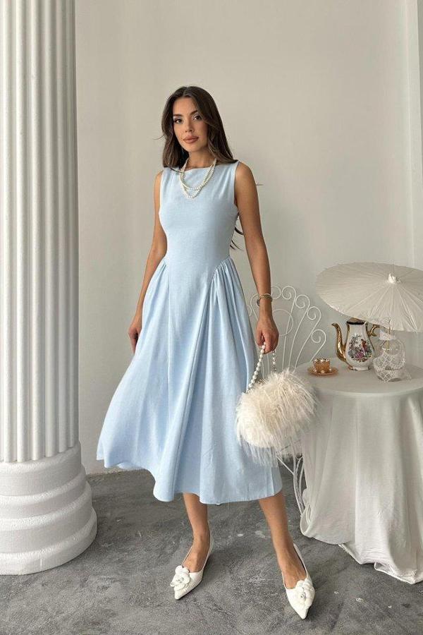 Mavi Yanları Büzgülü Midi Boy Keten Elbise - Image 1