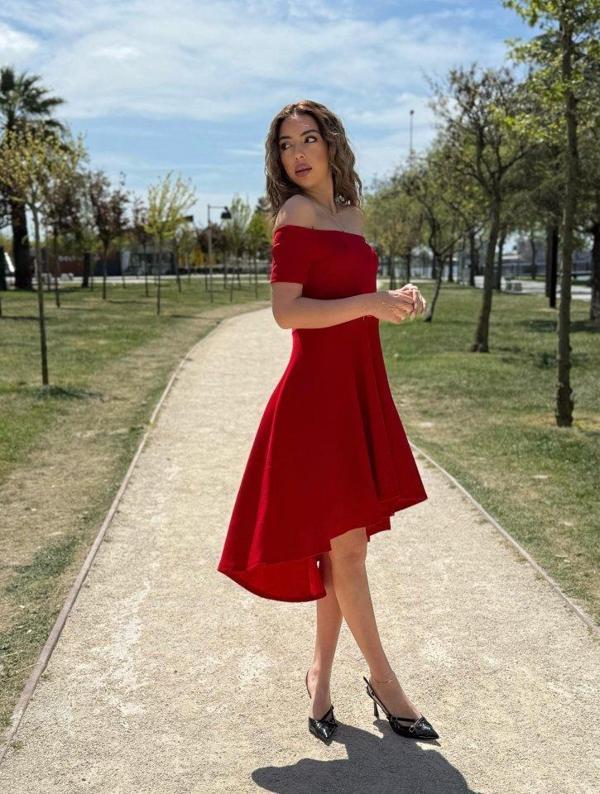 Kadın Kısa Kollu Madonna Yaka önü Kısa Arkası Uzun Ithal Krep Elbise - Image 1