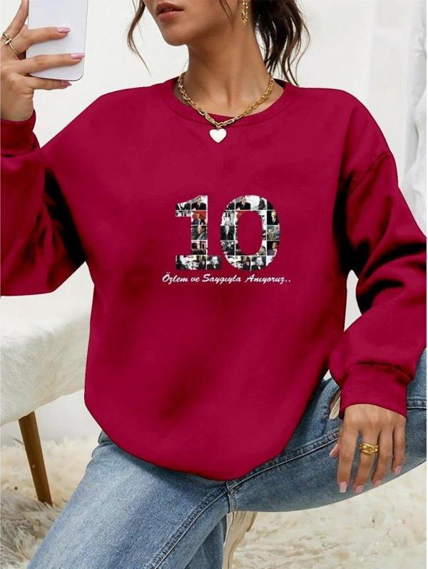 Kadın Uzun Kollu 10 Kasım Atatürkü Anma Gününe Özel Viskon İki İplik Kumaş Sweat - Image 1