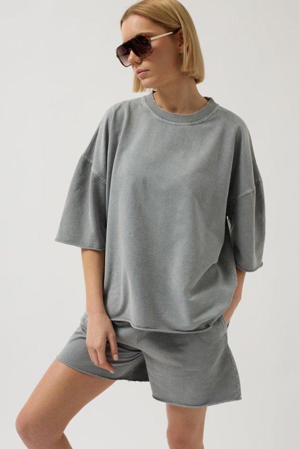 Oversize Lazer Kesim Bisiklet Yaka T-Shirt - Image 1