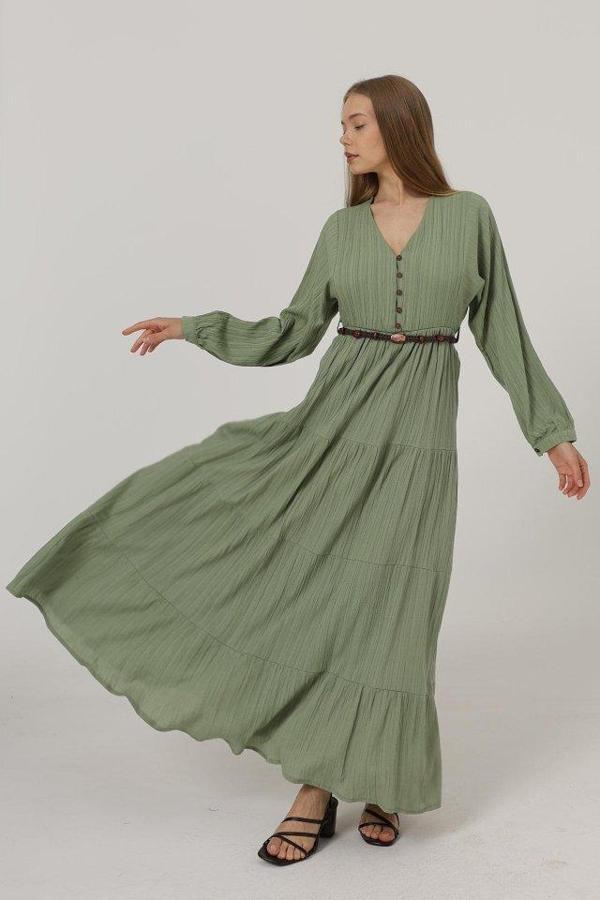 Önü Yarım Düğmeli Uzun Kol Kemerli Elbise - Haki - Image 1