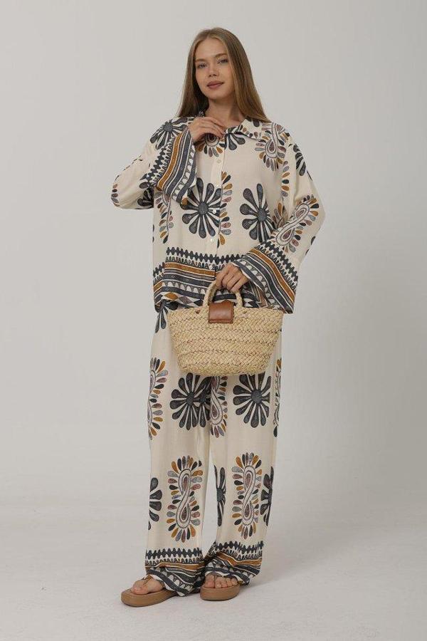 Desenli Kolları Volanlı Pantolon Takım - Antrasit - Image 1