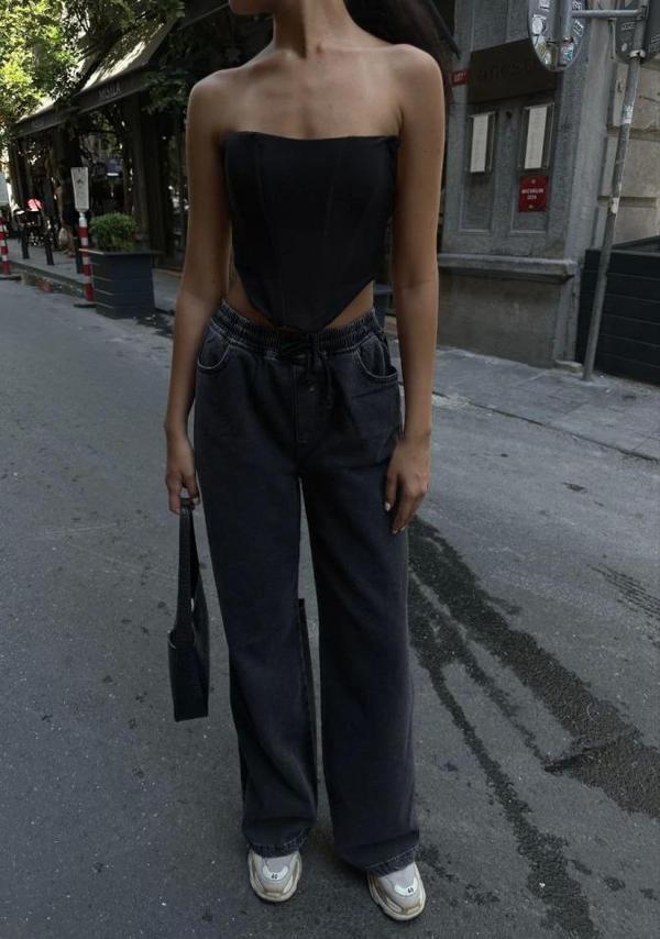  Arkadan Yırtmaçlı Jeans Kot Palazzo Pantolon - Siyah - Image 1