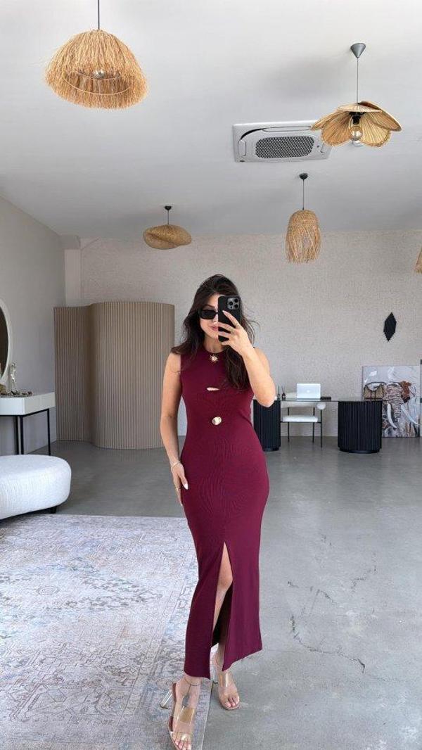 Kadın Bisiklet Yaka Broş Detay Yırtmaçlı Maxi Boy Ottoman Elbise - Image 1
