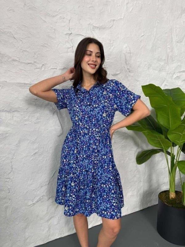 Baskılı Keten Elbise - Lacivert-Beyaz - Image 1