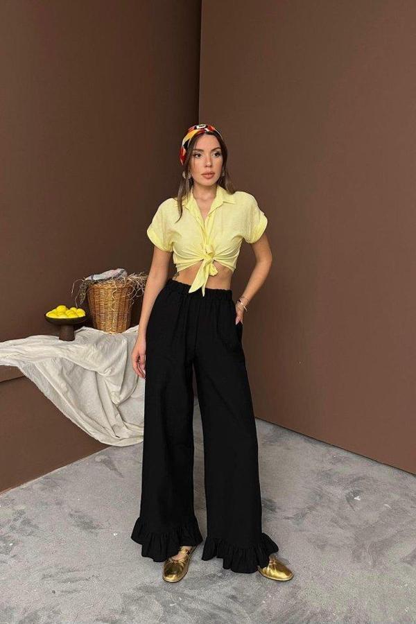 Siyah Paçası Fırfırlı Keten Pantolon - Image 1
