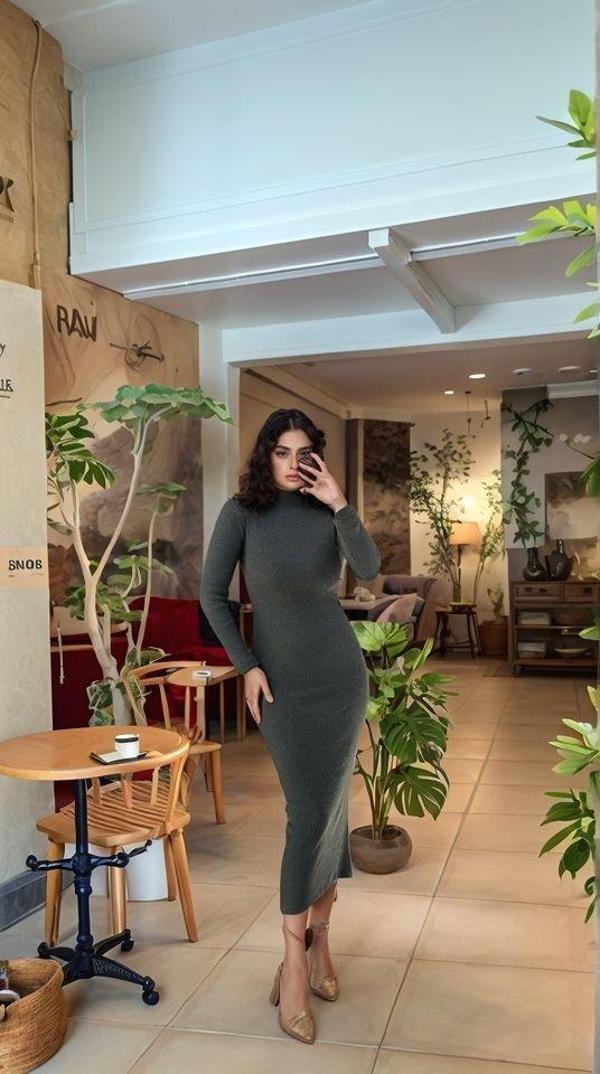 Kadın Yarım Balıkçı Yaka Süet Kumaş Fırsat ürün Midi Boy Elbise - Image 1