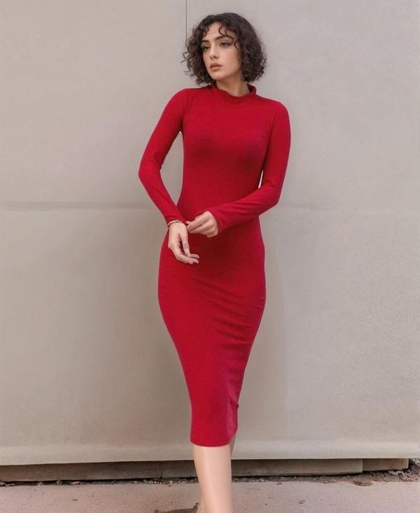 Kadın Yarım Balıkçı Yaka Süet Kumaş Fırsat ürün Midi Boy Elbise - Image 1