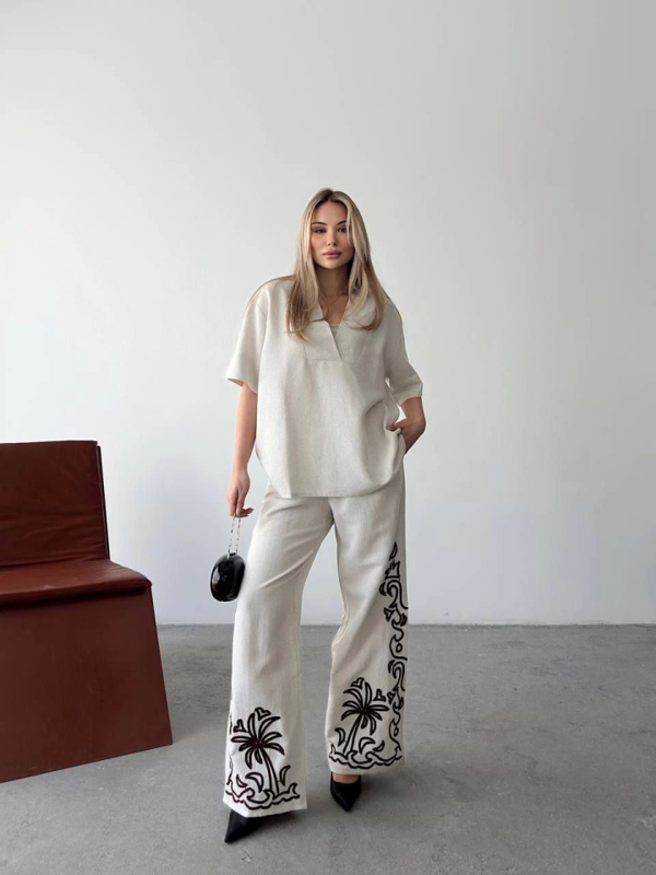Keten Kısa Kolu  V Yaka Bluz Pantolon Ikili Takım- Beyaz - Image 1