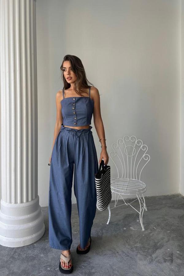 TENCEL CROP ASKILI BLUZ - ŞALVAR PANTOLON TK - İndigo - Image 1