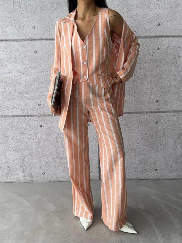 ÇİZGİLİ CEKET KETEN - Orange - Image 1