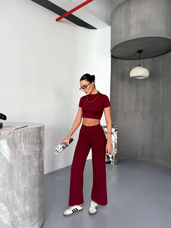 Osy Modal Yumuşak Dokulu Kumaş Kısa Kollu Crop Alt Ispanyol Paça Pantalon Ikili Takım - Bordo - Image 1