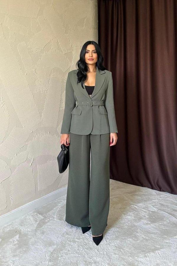 Haki Cep Kapaklı Ve Kemerli Ceket - Image 1