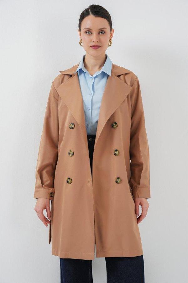 5864 Kruvaze Yaka Kısa Trençkot - Taba - Image 1