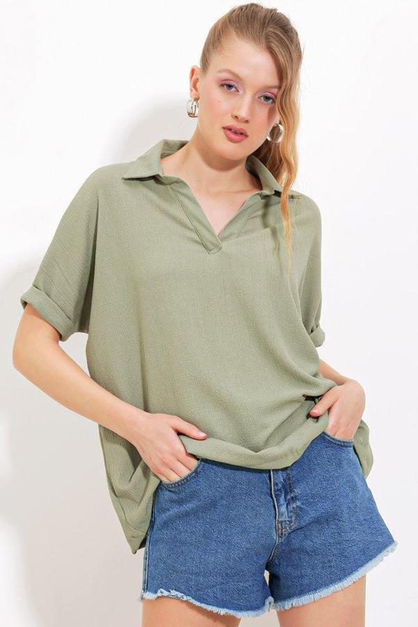 Çağla Oversize Polo Yaka Örme Bluz 0486 - Image 1