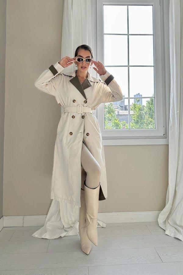 Bej Haki Arkası Çizgili Ve Kemerli Trençkot - Image 1
