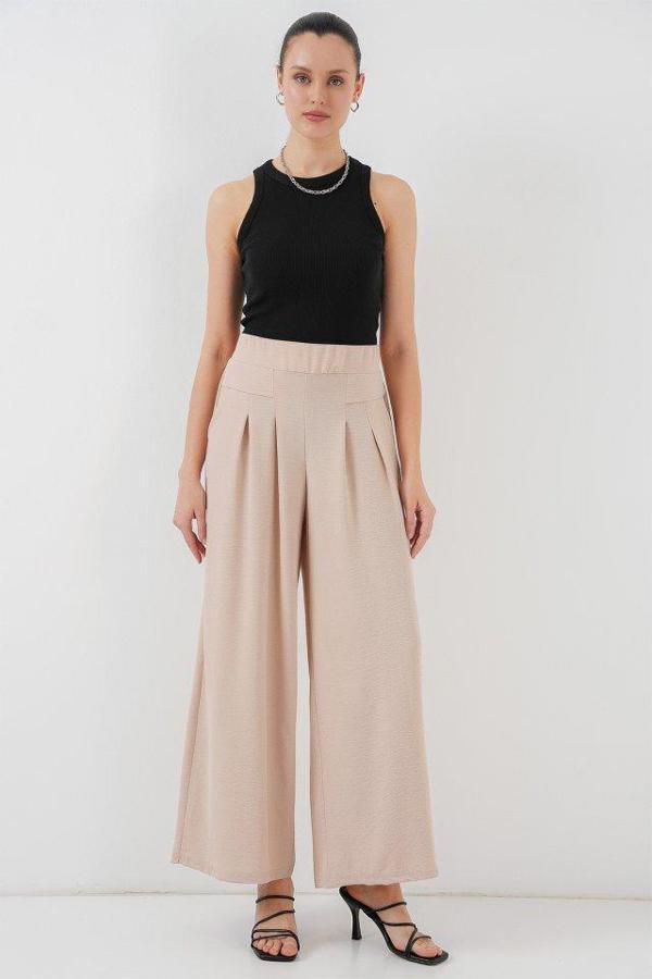 Geniş Paça Pileli Pantolon 6718 - Krem - Image 1