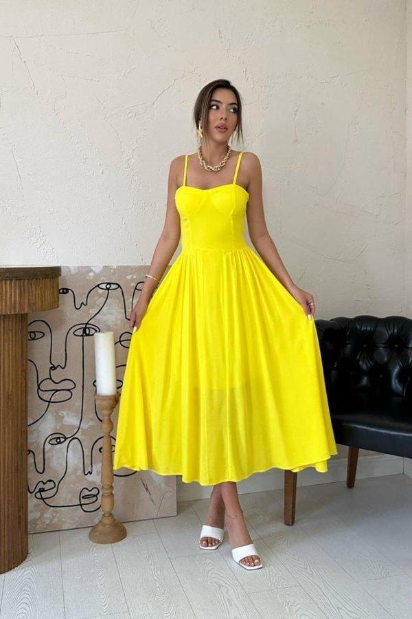 Sarı Göğüs Kuplu Uzun Büzgülü Elbise - Image 1