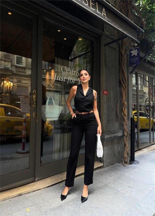 KETEN DUBLE PAÇA DERİ TABA KEMERLİ PANTOLON - Siyah - Image 1