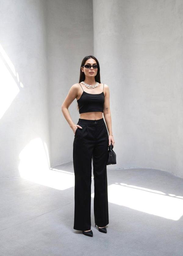 Arkasi Lasti̇kli̇ Pi̇leli̇ Dökümlü Wide Leg Pantolon - Image 1