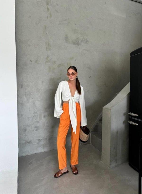 BEL LASTİK DETAYLI MODAL KUMAŞ PANTOLON - Orange - Image 1