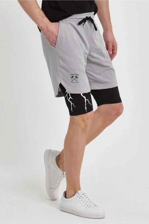 Unisex Baskılı İç Cepli Sporcu Alt Taytlı Şort - Gri - Image 1